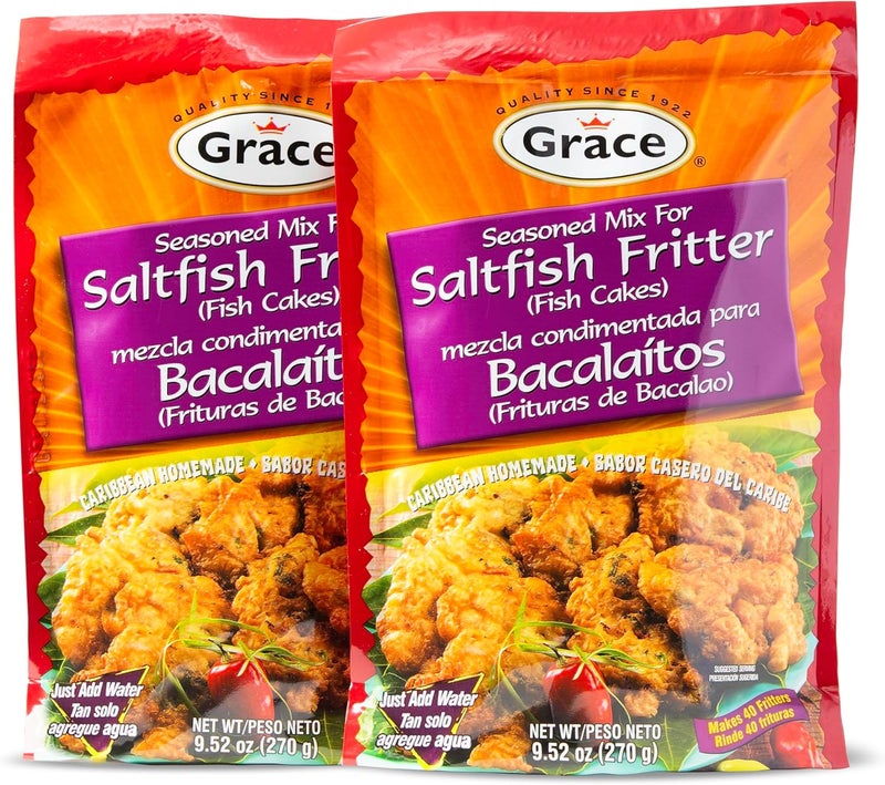 Grace Salt Fish Fritter Mix 9.5oz - 2 Pack - Jamaican Fish Fry Seasoning Mix for Salted Cod Fish - Bacalaitos Codfish Breading - Fish Fry Batter for Fish Cakes - Makes 80 Fritters - Image 1